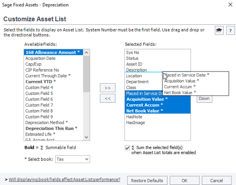 Sage FAS 2022 - Capability to use drag-and-drop feature to customize your asset list